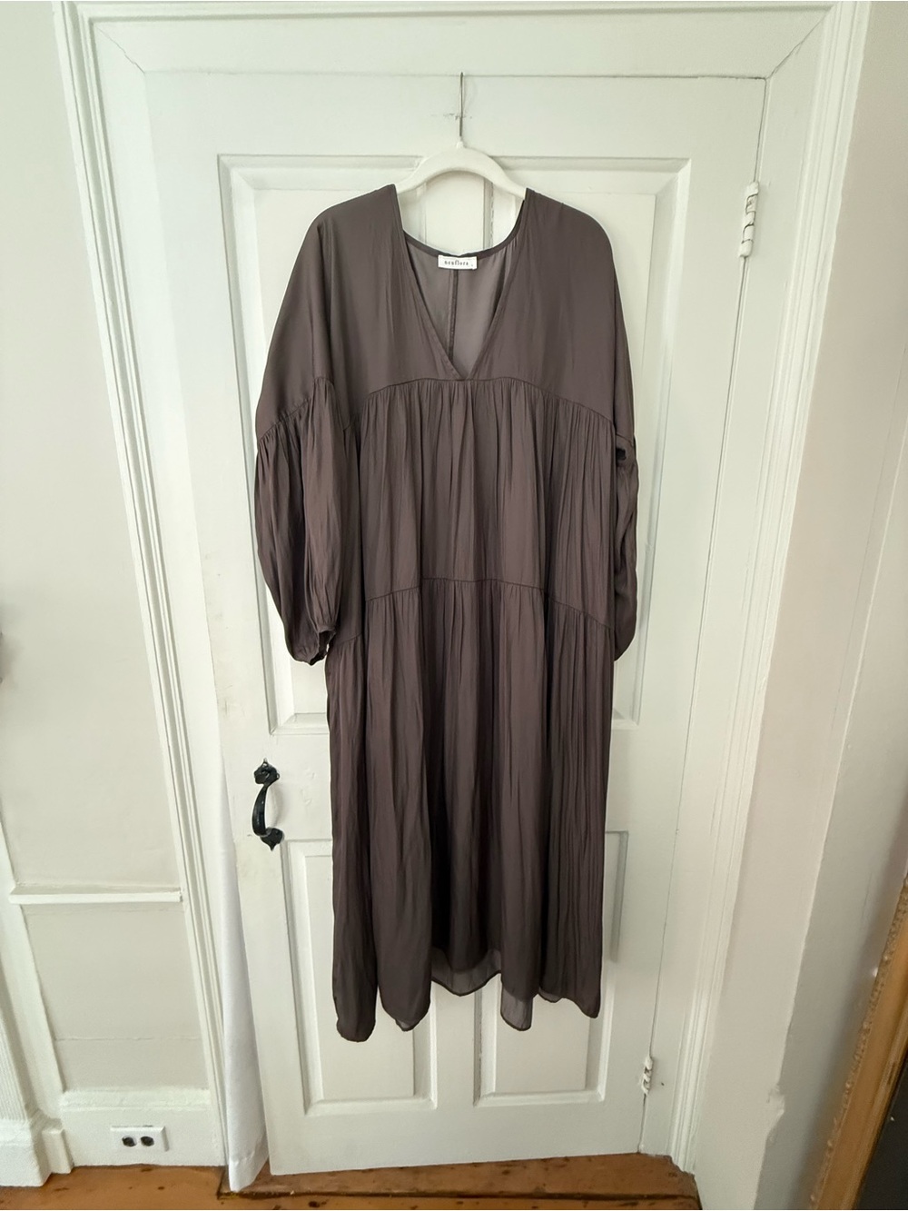 Relaxed V-Neck Tiered Maxi Silk Dress in Taupe